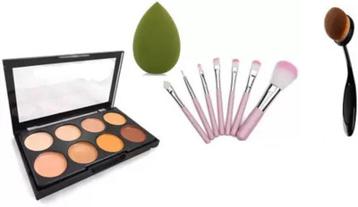 Lenon 8 SHADES CONTOUR CONCEALER HIGHLIGHTER WITH MINI BRUSH SET OF 7 + 1PC OVAL BRUSH + 1 BEAUTY BLENDER(4 Items in the set)