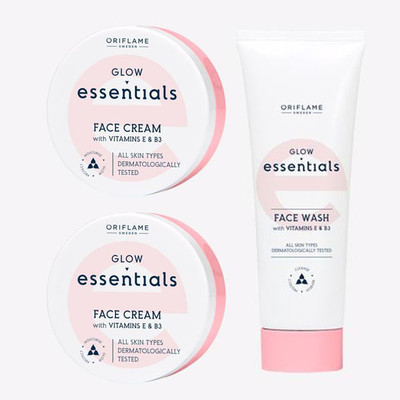 Oriflame ESSENTIALS Glow Essentials Face Cream with Vitamins E & B3 75 ml (pack of 2) , Face Wash with Vitamins E & B3 125 ml(3 Items in the set)