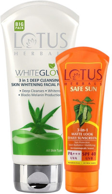 LOTUS HERBALS WhiteGlow 3 In 1 Deep Cleansing Skin Brightening Facial Foam200G with Safe Sun 3 In 1 Matte-Look Daily Sunscreen SPF 40 PA+++50g(2 Items in the set)