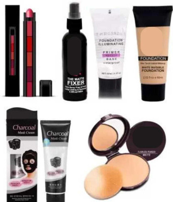 swenky COMBO FIXER PRIMER FOUNDATION COMPACT 5IN1 MATTE LIPSTICK WITH CHARCOAL MASK(6 Items in the set)