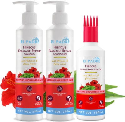 EI PADRE Hibiscus Hair Fall Control Kit, Hair Growth, (hair oil + shampoo + conditioner)(650 ml)