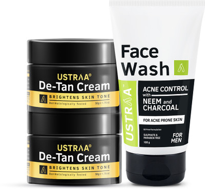 USTRAA Face Wash Neem & Charcoal & De-Tan Cream - Set of 2 - Effective Tan Removal(3 Items in the set)