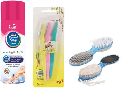 Yash Herbal HAIR REMOVAL SPRAY FOAM for Men & Women (200ml), 3 Pcs Set Facial Removal Razor with 4 in 1 Multi use Pedicure Paddle Brush(3 Items in the set)