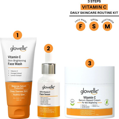 glowelle Vitamin C 3-Step Daily Routine Skincare Kit for Women | Vitamin C Face Wash, Serum & Moisturizer for Brightening & Glowing Skin(3 Items in the set)