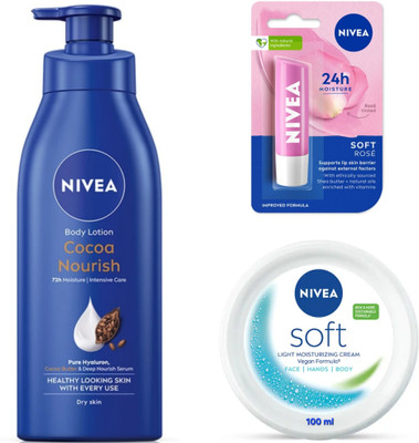 NIVEA COCOA NOURISH BODY LOTION 400 ML, SOFT ROSE LIP BALM 4.8G & SOFT CREAM 100 ML(3 Items in the set)