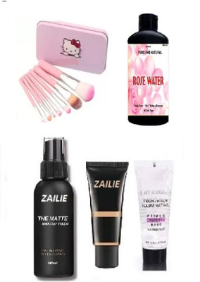 Zailie Outstanding Quality Makeup Combo of Primer, Fixer, Foundation, Rose Water 200 ml , 7pc Make-up Brush(11 Items in the set)
