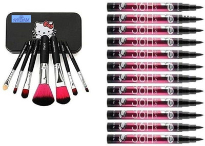 Toberer Combo of 7 Pcs Makeup Brushes with 12 Pcs Long Lasting 36Hrs Black Eyeliner(19 Items in the set)