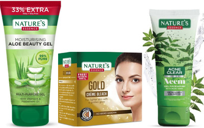 Nature's Moisturising Aloe Beauty Gel (150g)Gold Cream Bleach (21g)Acne Clear Neem Face Wash (50ml)(3 Items in the set)