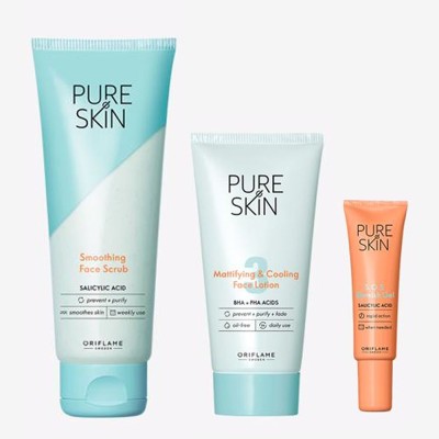 Oriflame PURE SKIN SOS Blemish Gel 6 ml , PURE SKIN Mattifying & Cooling Face Lotion 50 ml , PURE SKIN Smoothing Face Scrub 75 ml(3 Items in the set)