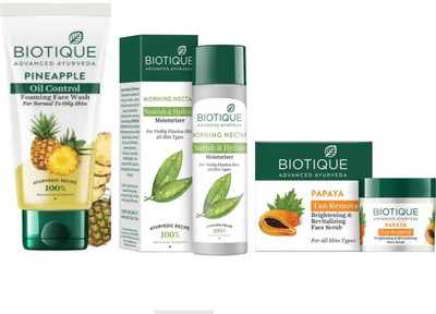 BIOTIQUE PINAPPLE FACE WASH 120ML & MORNING NECTAR MOSTURIZER 120ML & PAPAYA FACE SCRUB 75G (BRIGHTENING SKIN CARE KIT)|FOR ALL SKIN TYPE(3 Items in the set)
