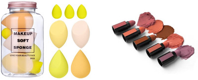 Lusty soul Matte Finish 5 in 1 Lipstick - Light shade & Makeup Sponge Set Beauty Blender with Jar(8 Items in the set)