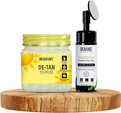 DR.RASHEL De Tan Scrub & Charcoal Foaming Face Wash that Exfoliates, Removes Tan & Aging(2 Items in the set)