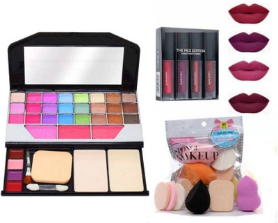 Dhanmann Face Makeup Combo Tya 6155 Makeup Palette + 4in 1 Lipstick + 6 Pcs Blender Puff(3 Items in the set)