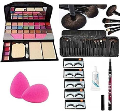 mkldsrh 6155 makeup kit with beauty blender eyelash glue 36h with professional wood make up brush sets with leather storage pouch 24 pcs(6 Items in the set)
