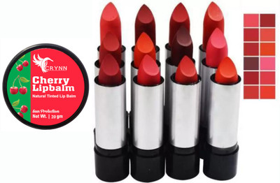 Crynn Essential Cherry Natural Tinted Lip Balm Sun Protection& Balm Matte Lipstick - Set Of 12 (Multicolor)(2 Items in the set)