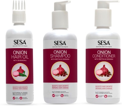 sesa Onion Anti-Hair Fall Combo for Complete Hair Care | Onion Oil - 200 ml + Onion Shampoo - 300ml + Onion Conditioner - 300ml(3 Items in the set)