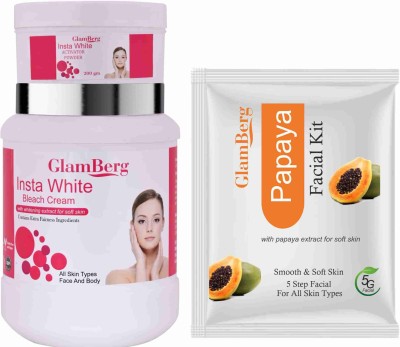 Glamberg Insta White Bleach Cream With Activator + Papaya Facial Kit 5 in 1(3 Items in the set)