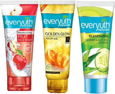 Everyuth Naturals Moisturizing Fruit Face Wash, Golden Glow Peel off Mask, Cucumber & Aloevera Face Pack (3X50g)(3 Items in the set)