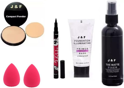 J & F Face Compact , Eyeliner,Blender Puff(2),Primer & Fixer(5 Items in the set)