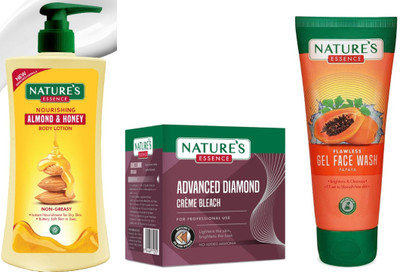 Nature's Nourishing Almond & Honey Body Lotion (400ml)Diamond Cream Bleach (43g)Anti-Pigmentation Papaya Gel Face Wash (50ml)(3 Items in the set)