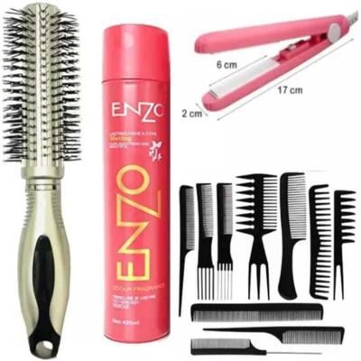 mkldsrh roller round comb with 10 pcs hair comb with enzo hair spray with straightener for hair styling(13 Items in the set)