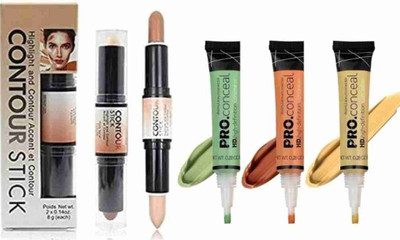 Glowsync Highlighter and Contour Stick + HD Pro Conceal (Concealer) Orange+Green+Yellow Corrector(4 Items in the set)