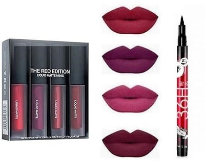 Mcmillan Water Proof Liquid Matte Beauty Lipstick 4 Pcs + Sketch EyeLiner Black(5 Items in the set)