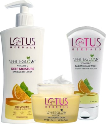 LOTUS HERBALS WhiteGlow Vitamin C Deep Moisture Hand & Body Lotion 400ML WITH WhiteGlow Facewash 100G WITH WG Vitamin C Gel Crème 50G(3 Items in the set)