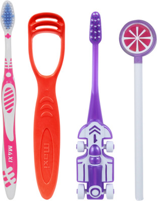 Maxi Oral Care Combo of 4-1 Zoom Car Toothbrush & (1 Adults) Sensitive+ Toothbrush&1 Number(4 Items in the set)