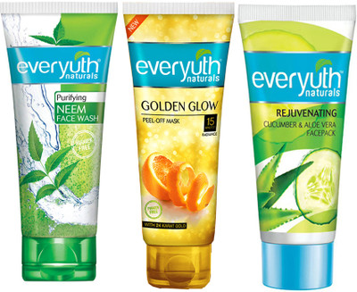 Everyuth Naturals Purifying Neem Face Wash, Golden Glow Peel off Mask, Cucumber & Aloevera Face Pack (3X50g)(3 Items in the set)