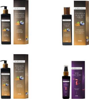 HERBAGRACE Kit of Fenugreek & Black Seed Oil, Shampoo, Conditioner 200ml + Red Wine Facewash, 100ml(4 Items in the set)