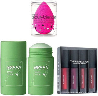 Lenon rofessional Green Tea Purifying Clay Stick Mask & Red Edition Matte Minis Lipstick With Makeup Blender Set Of 6(3 Items in the set)