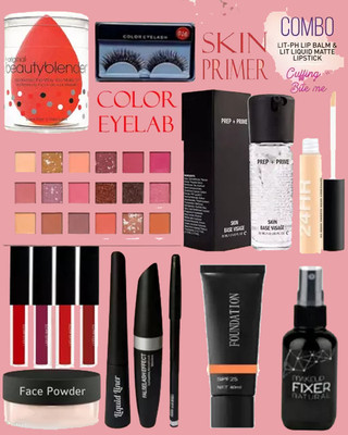 VIVIQ 10Pc Makeup Combo Primer Fixer 3in1 Eye Makeup Kit powder foundation concealer Eyeshadow Palette lipstick(10 Items in the set)