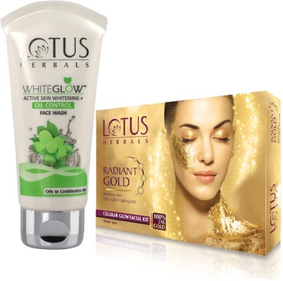 LOTUS HERBALS Radiant Gold Facial Kit 37g & Whiteglow Oil Control Facewash 100g(2 Items in the set)