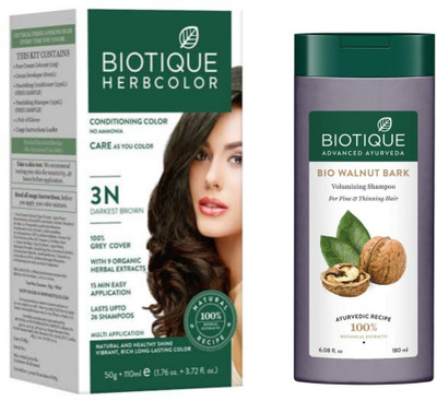 BIOTIQUE Conditioning Hair Color 3N Darkest Brown & Walnut Bark Shampoo 180 ML (2 Items in the set)