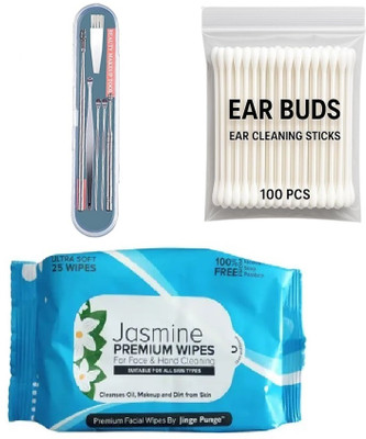 ROODILES Facial Wipes 25 Pcs + Ear Wax Remover Kit 6 pcs + Cotton Buds 100 units | Makeup Remover & Ear Cleaning Combo Kit(6 Items in the set)