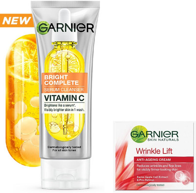 Garnier Men Bright Complete Vitamin C Cleanser Serum Face Wash-100g+Anti Ageing Cream-18ml(2 Items in the set)