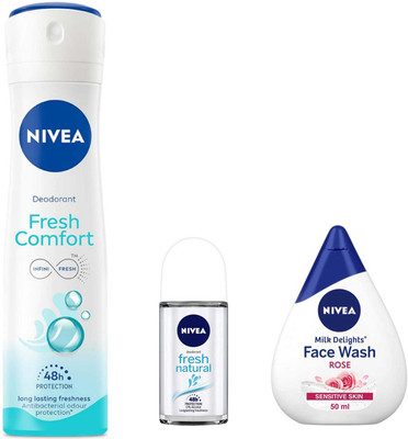 NIVEA Fresh Comfort Deo and Fresh Natural 25ml Roll On Rose 50ml Facewash Set of 3pc(3 Items in the set)
