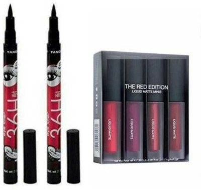 GROOVS Mini matte liquid Lipstick Red Edition With 2P 36H Eyeliner ( 2 Item in set)(6 Items in the set)
