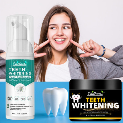 Phillauri Teeth Whitening Foam Toothpaste And Teeth Charcoal Powder ,Makes You Reveal Perfect & White Teeth Kit(2 Items in the set)
