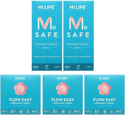 Hi Life 24 FLOW EASY ORGANIC PAD Sanitary Pads With LeakLock + 2 Intimate Spray(5 Items in the set)