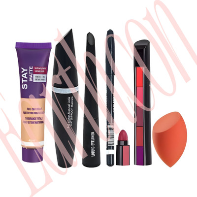 Earthcon Women foundation + eyeliner + blender + 5 in 1 lipstick kit(6 Items in the set)