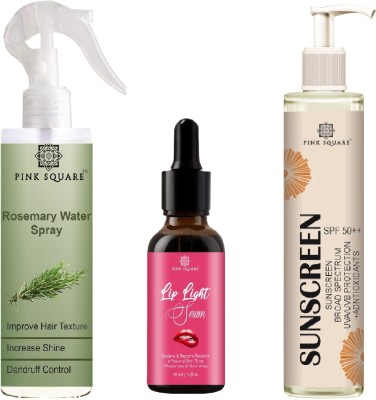 Pink Square Rosemary Water Spray 100ml, Lip Light Serum 30ml & Sunscreen SPF 50 (100ml)(3 Items in the set)