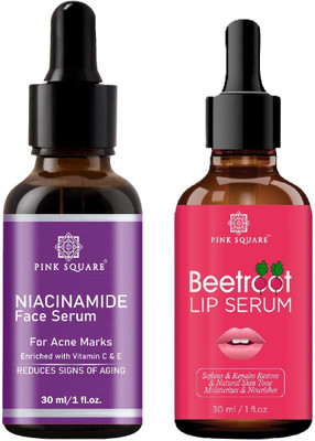 Pink Square Niacinamide Face Serum - Brighten Complexion & Beetrooth Lip Serum (Each,30ml)(2 Items in the set)