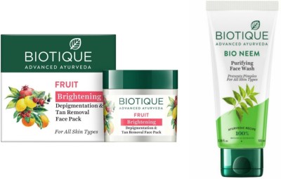 BIOTIQUE Fruit Brightening Tan Removal face Pack 75 Gm & Neem Face wash 100 ml(2 Items in the set)