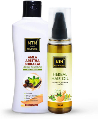 NTN Herbal Hair Oil with Coconut,Sesame & Jadibuti 100ml + Amla, Areetha & Shikakai Shampoo 200ml | Combo for Hair Fall Control(2 Items in the set)