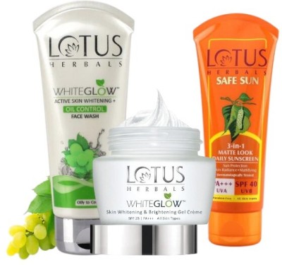 LOTUS HERBALS WhiteGlow Skin Brightening Gel Crème SPF25 PA+++60G, WhiteGlow Oil Control FW100G, 3In1 MatteLook Daily Sunscreen SPF40 PA+++75G(3 Items in the set)