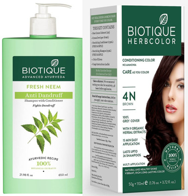 BIOTIQUE Fresh Neem Anti Dandruff Shampoo with Conditioner 650Ml, Herbcolor Brown 4N 50g + 110Ml combo of 2 (810 Ml)(2 Items in the set)