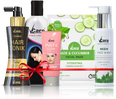 Vcare Hair and Skin Care Gift Set Combo of 5 (Cucumber Sheet Mask and Neem Face Wash)(5 Items in the set)