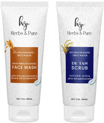 Herbs and Pure Combo of Rice Water Face Wash for Black Head and De-Tan Scrub, Pack of 2, 200ml(2 Items in the set)